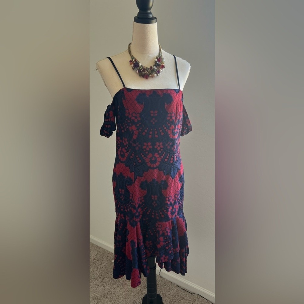 Alexia Admor Red & Blue Cold Shoulder Lace Ruffle Skirt High Low Dress Size M